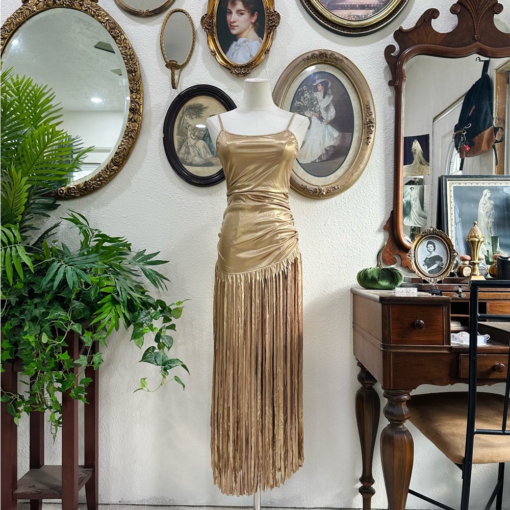 Gold Fringe Satin Evening Dress - Picture 5 of 8